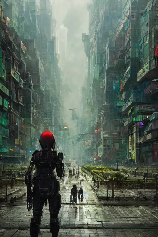 Image similar to a portrait of a small cyborg standing in the middle foreground walking in the street of a great green mechanical city by Greg Rutkowski, Sung Choi, Mitchell Mohrhauser, Maciej Kuciara, Johnson Ting, Maxim Verehin, Peter Konig, final fantasy , mythical, 8k photorealistic, cinematic lighting, HD, high details, atmospheric,