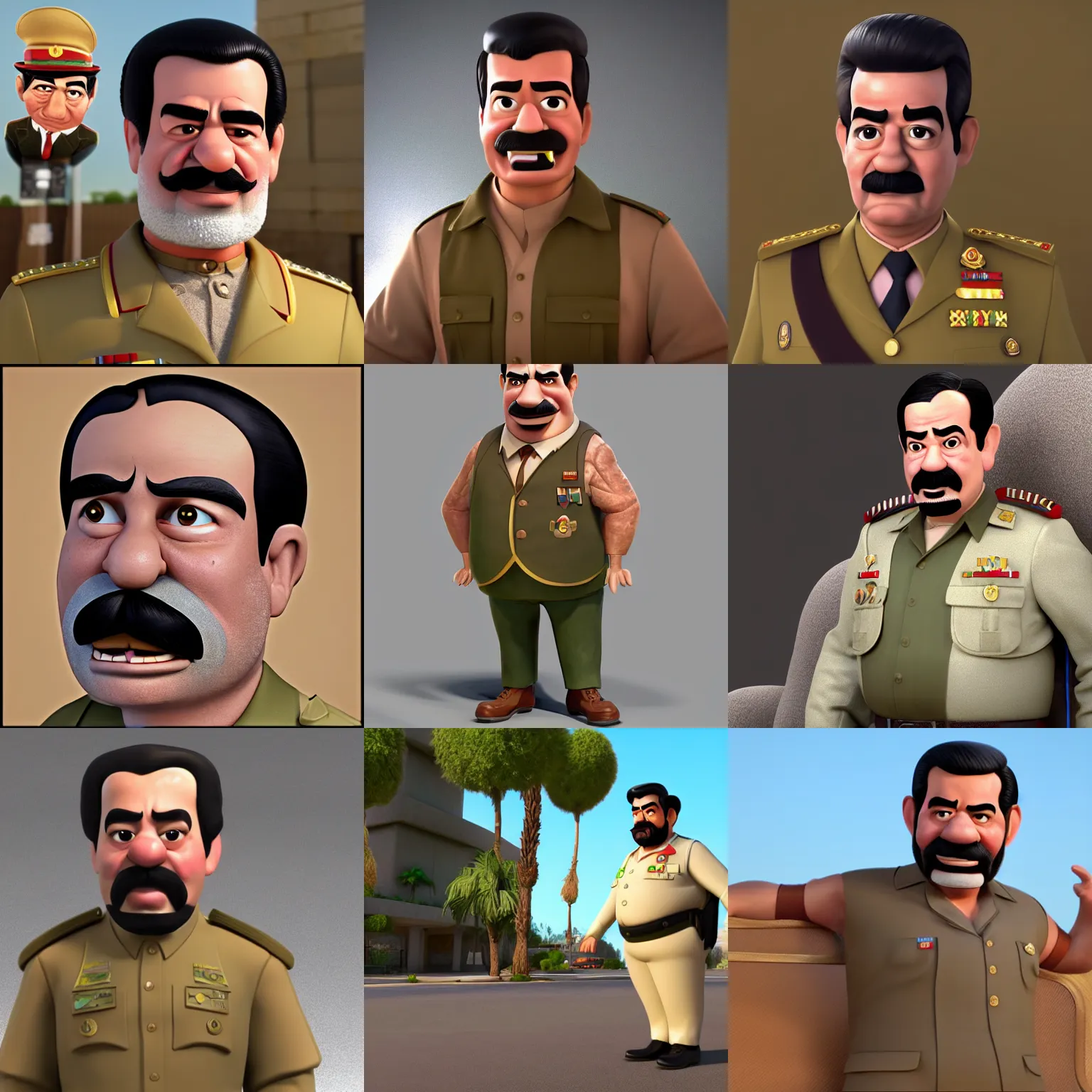 Prompt: saddam hussein as a pixar disney character from up ( 2 0 0 9 ), unreal engine, octane render, 3 d render, photorealistic