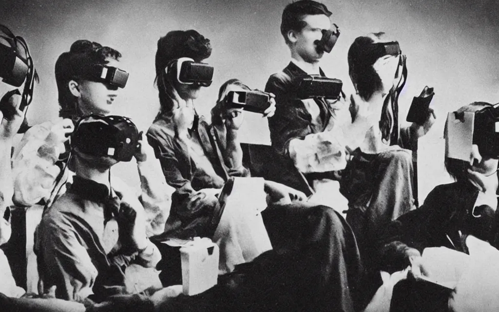 Image similar to 1 9 0 0 s photo of people using iphones ipods virtual reality headsets vr in a movie theater double exposure masterpiece