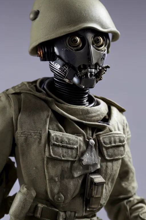Prompt: a cinematic bust photo shot of a beautiful 1 : 6 scale threea toys action figurine by ashley wood, world war one robot, black background, museum light, dark mood