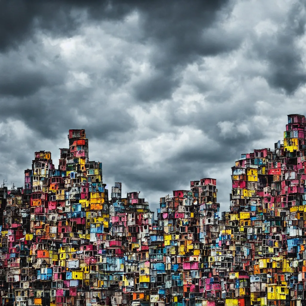 Image similar to close - up towers made up of colourful makeshift squatter shacks, bleached colours, dramatic cloudy sky, dystopia, mamiya, very detailed, ultra sharp, photographed by andy warhol