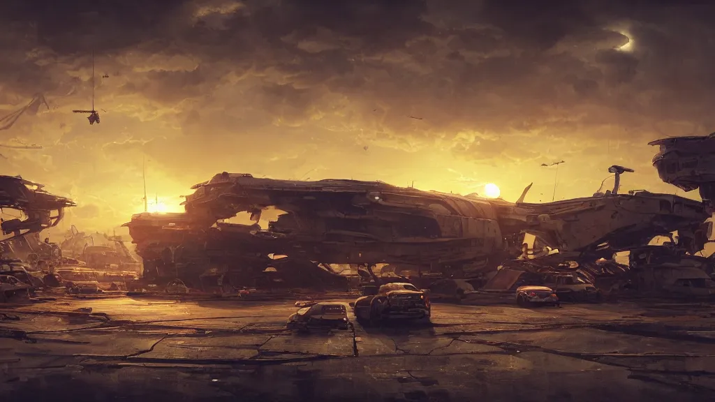 Image similar to a Photorealistic hyperrealistic render of a gigantic spaceship landing at a Junkyard by Greg Rutkowski,Vitaly Bugarov,Nicolas Bouvier SPARTH,James Paick,WLOP, Juan Gimenez,PIXAR,dramatic moody sunset lighting,long shadows,Volumetric, cinematic atmosphere, Octane Render,Artstation,8k