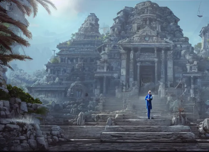 Prompt: scene from a video game of a man in a blue suit standing in a stone temple, a detailed matte painting by senior environment artist, cgsociety, fantasy art, reimagined by industrial light and magic, unreal engine 5, matte painting