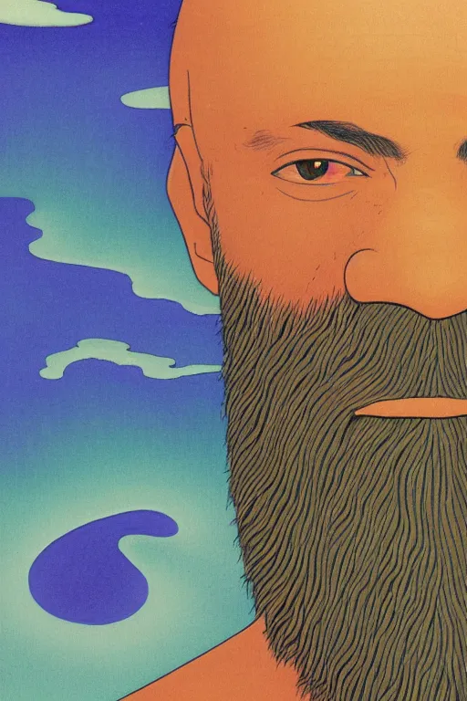 Image similar to a colorful closeup portrait of a young bald man with a huge beard and dreaming psychedelic hallucinations in the vast icy landscape of antarctica, by kawase hasui, moebius and edward hopper, colorful flat surreal design, hd, 8 k, artstation