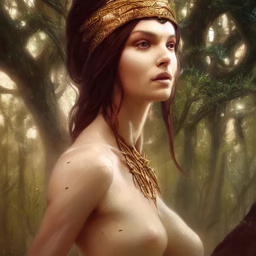 Image similar to a beautiful portrait of a tree goddess by Greg Rutkowski and Raymond Swanland, Trending on Artstation, ultra realistic digital art