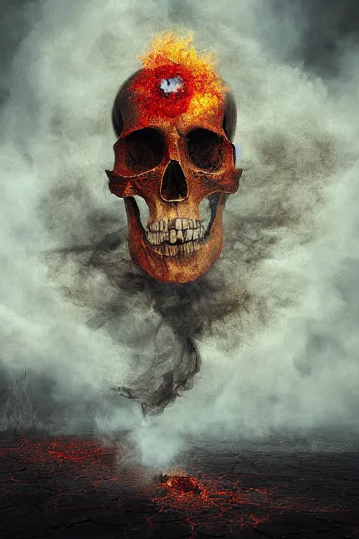 Image similar to immaculate painting of A Beautiful fine detailed gold and red and black huge skull floating in smoke over desolated wastelands, an iIlusion by erik johansson micro detailing