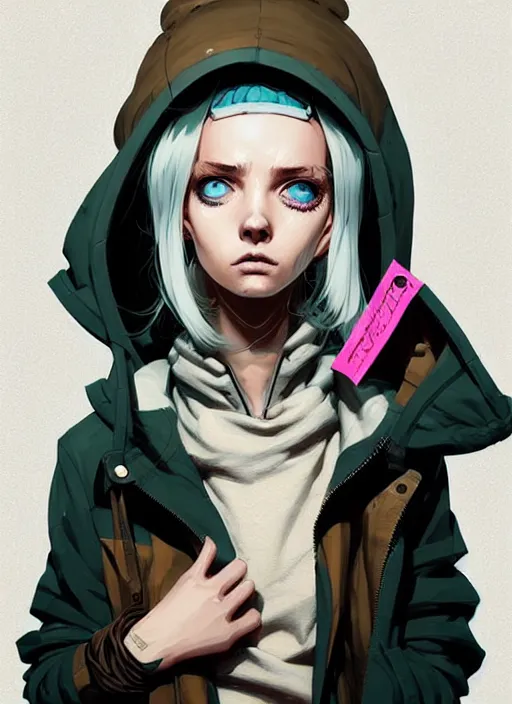 Image similar to highly detailed portrait of a sewer punk lady student, blue eyes, burberry hoodie, white hair by atey ghailan, by greg rutkowski, by greg tocchini, by james gilleard, by joe fenton, by kaethe butcher, gradient gold, black, brown and pink color scheme, grunge aesthetic!!! ( ( graffiti tag wall background ) )