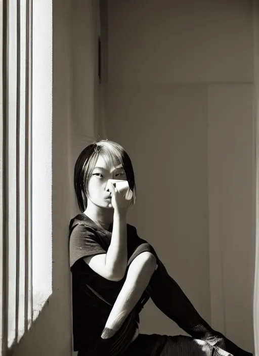 Prompt: photography girl looking sitting next to window by hisako ayanami