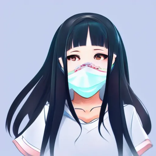 Prompt: full headshot portrait of a girl with long black hair, wearing a surgical mask, drawn by ATDAN, by Avetetsuya Studios, attractive character, colored sketch anime manga panel, trending on Pixiv