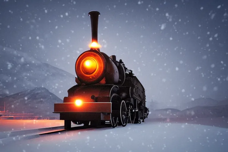 Image similar to an old steam engine is rushing through the snow storm in high speed, white steam on the side, and dark smoke with fire from the pipes, dynamic angled shot, low angle, wide shot, speed lines, fire particles and snowflakes everywhere, 8k, hyperrealistic, ultra sharp, octane render, unreal engine, light breaks through the sky, epic mountains in the background, artstation, very detailed, 16k, cinematic scenery,