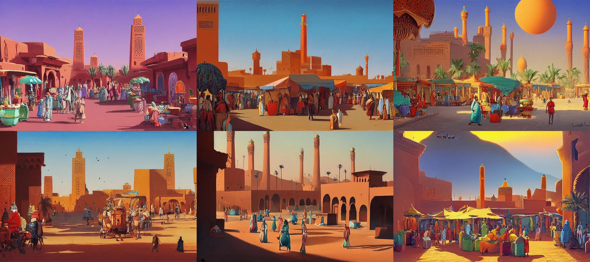 Prompt: marrakesh in the style of dr. seuss, starships, painting by raphael lacoste