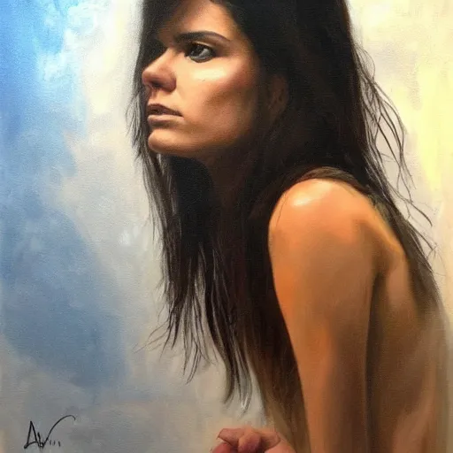 Prompt: a beautiful somber doomed portrait of Marie Avgeropoulos , painting by Alan Linnstaedt
