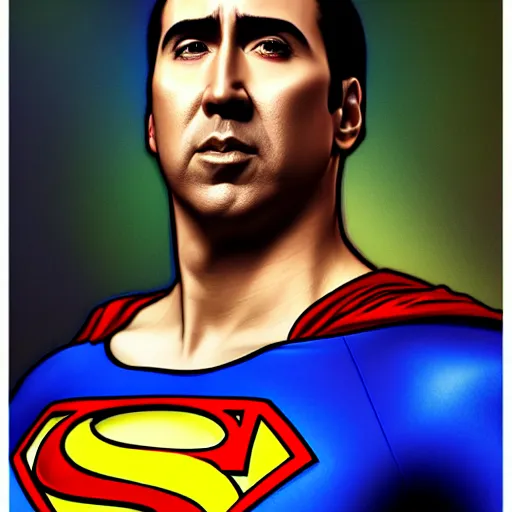 Image similar to upper body portrait of nicolas cage as superman, intricate, elegant, highly detailed, digital painting, artstation, concept art, smooth, sharp focus, illustration, art by artgerm and greg rutkowski and alphonse mucha, award winning, 8 k