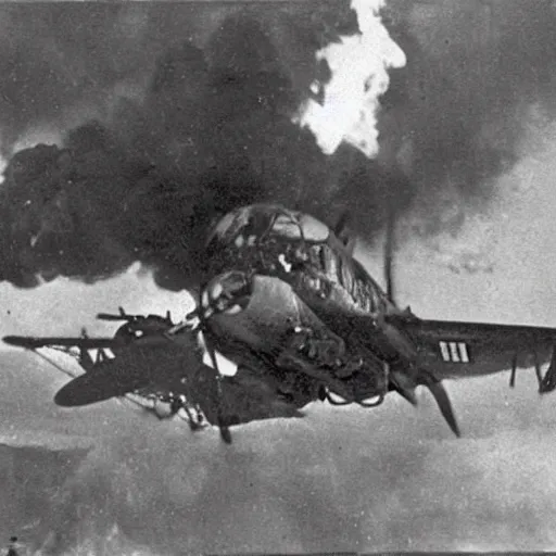 Prompt: ww 2 photo of a stuka dive bomber going up in flames