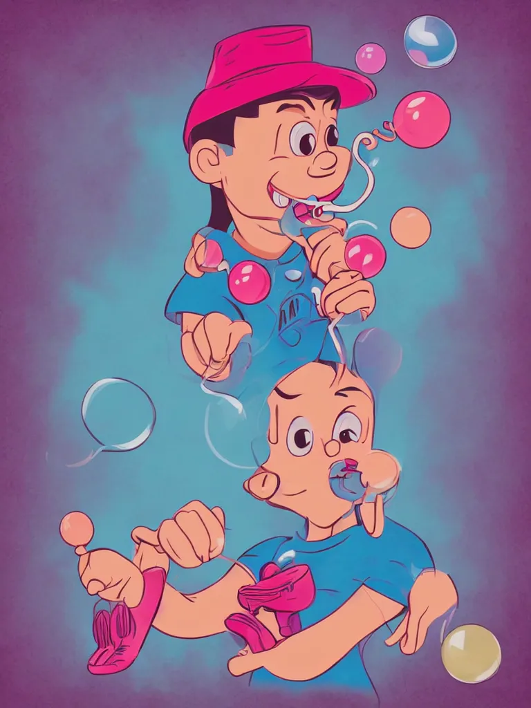 Prompt: kid blowing bubble gum, disney style illustrations, blunt borders