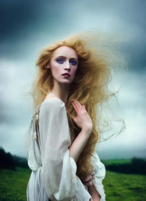 Image similar to cinestill 5 0 d photo of a pre - raphaelite blond beautiful woman, dreamy, hair floating in air in style of paolo roversi, 1 5 0 mm, f 1. 2, emotionally evoking, head in focus, stormy wet clouds outdoor, matt dreamy colour background, volumetric lighting, hyper realistic, ultra detailed