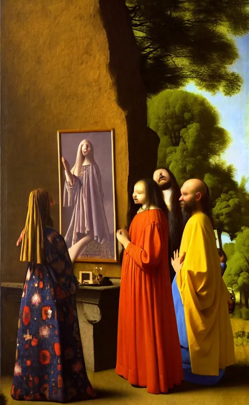 Image similar to hippies gathered around the sacred psychedelic mushroom, anthropomorphic hippie that is wearing floral maxi dresses, oil painting, by johannes vermeer, dnd, character reveal, cosmic, magical, fog, noble, full body portrait, intricate, ornate, extremely detailed, cult, ritual, 4 k, 8 k