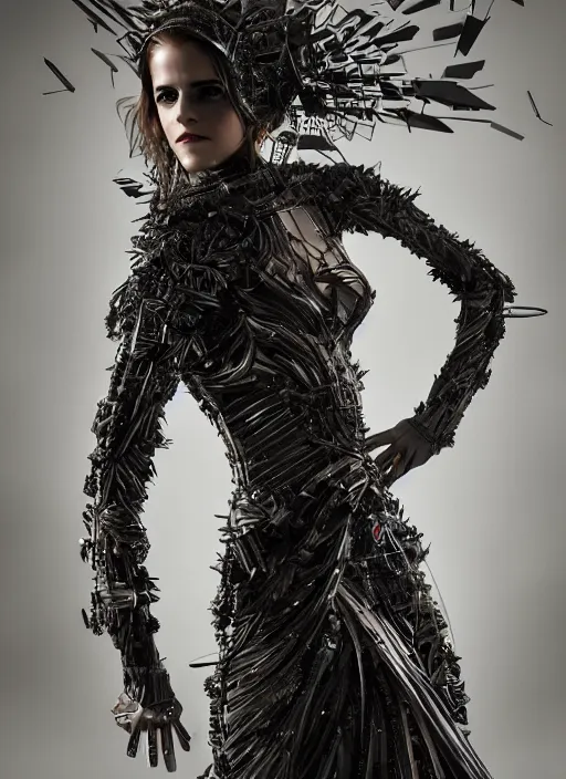 Image similar to expressive full body photo of emma watson, dress made of steel blades, glamour shot, by karol bak, stefan gesell, photorealistic, nikon d 4 x, fashion photography, hyper maximalist, elegant, ornate, luxury, elite, environmental portrait, symmetrical features, octane render, unreal engine, solid dark grey background, dramatic lights