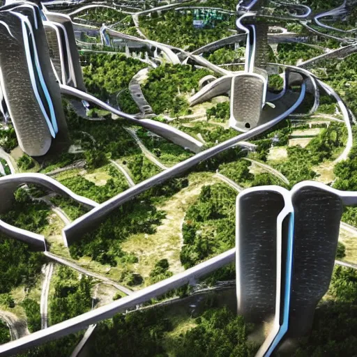 Prompt: scenic view of a futuristic modern utopian eco friendly city