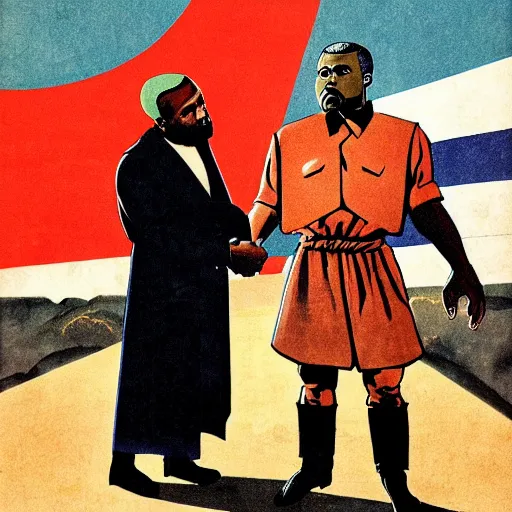 Image similar to a majestic soviet propaganda poster of kanye west shaking hands with lenin