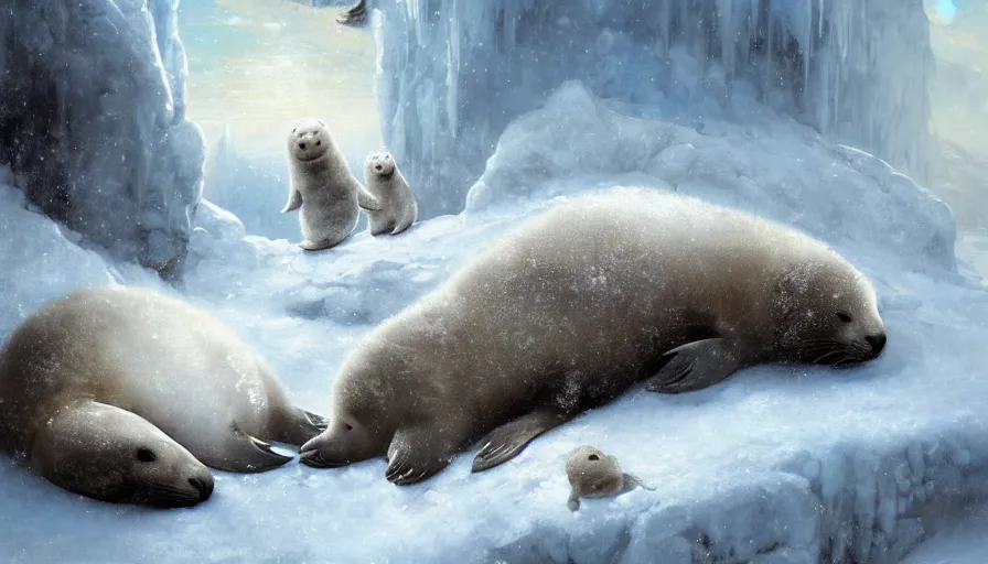 Prompt: highly detailed closeup painting of daddy seal looking after cute furry white baby seals inside a snowy fantasy ice crystal cavern by william turner, by greg rutkowski, by william constable, thick brush strokes and visible paint layers, 4 k resolution