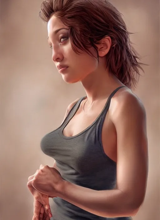 Image similar to full length photo of a beautiful midget woman in a tanktop in the style of stefan kostic, realistic, sharp focus, 8k high definition, insanely detailed, intricate, elegant, art by stanley lau and artgerm