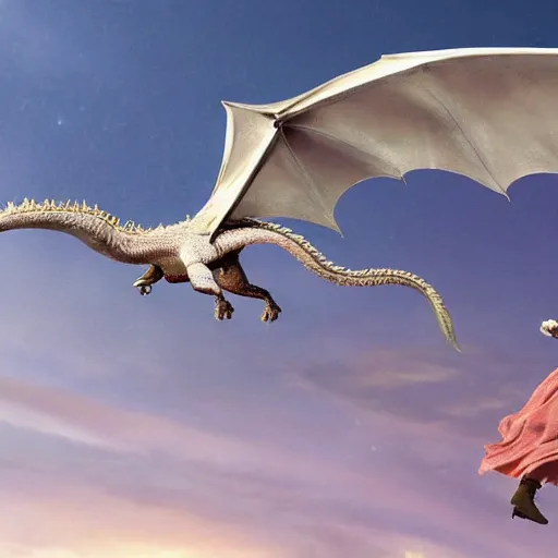 Image similar to daenerys from game of thrones flies on a dragon over snow desert