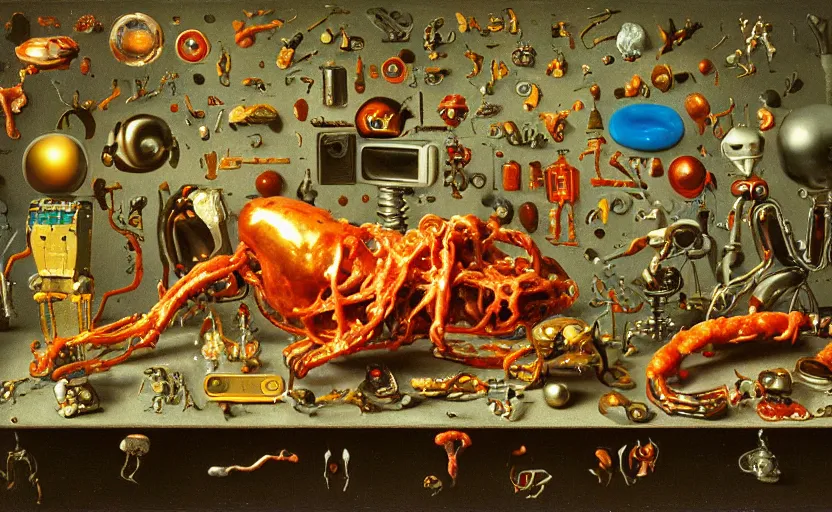 Image similar to strange robot body, disturbing colorful oil painting dutch golden age vanitas still life sparse composition with bizarre objects strange gooey transparent surfaces shiny metal reflections bizarre mutant meat insects rachel ruysch dali todd schorr very detailed perfect composition rule of thirds masterpiece canon 5 0 mm, cinematic lighting, photography, retro, film, kodachrome