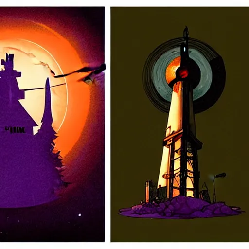 Prompt: artgerm, norman rockwell, abigail larson, purple color pallete, welcome to night vale, radio tower with black hole above it, helicopter, spooky strange weird quirky, cartoon, 2 d, chiral lighting