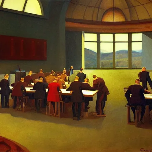 Image similar to scientists programming a doomsday device in a dome - shaped control center, grant wood, pj crook, edward hopper, oil on canvas