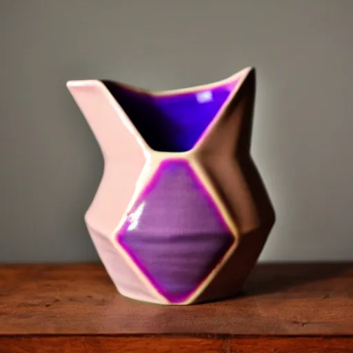 Image similar to geodesic triangle ceramic pitcher with pink and purple iridescent glaze