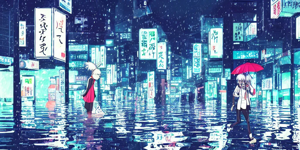 Prompt: white haired girl walking in flooded tokyo at night, neon lights lots of trees, cinematic, vibrant colors anime illustration by studio ghibli ( digital watercolor ), sai paint