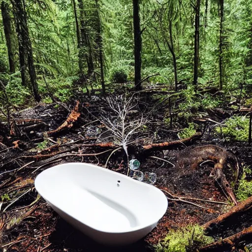 Image similar to pristine porcelain bath filled with bubbles in a clearcut rainforest, slash and burn, cleared forest, deforestation, bubble bath, overflowing with bubbles, tree stumps, smouldering charred timber