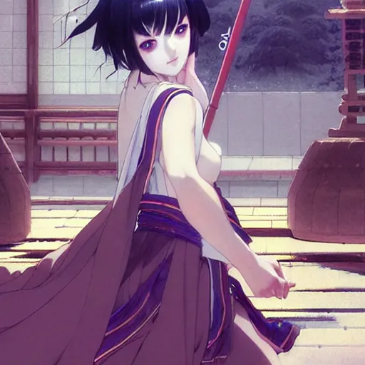 Image similar to digital manga anime art, beautiful female priestess sweeping the floor of a japanese monastery. art by wlop, ilya kuvshinov, artgerm, krenz cushart, greg rutkowski, hiroaki samura, range murata, james jean, katsuhiro otomo, erik jones.