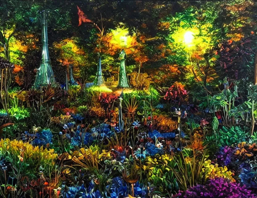 Prompt: metallic garden made of metal. oil painting by award - winning comic artist. backlighting, chiaroscuro, depth of field, luminescent colors.