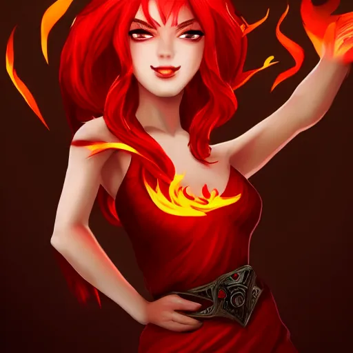 Image similar to a goddess with red hair and red dress with a fire aura headshot, trending on artstation