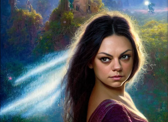 Image similar to Mila Kunis staring into the camera, misty wisps, Lilia Alvarado, Sophie Anderson, Mark Arian, Bob Byerley, Charlie Bowater, Mark Brooks, Steve Henderson, Justin Gerard, Arthur Hughes, Edward Robert Hughes, Mark Keathley, Victor Nizovtsev, Carlos Shwabe, Ross Tran, WLOP