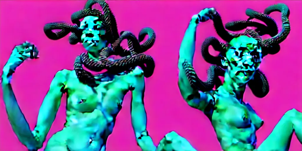 Image similar to modern sculpture, young woman as medusa, multiple poses, androgynous, vaporwave, distorted vhs still