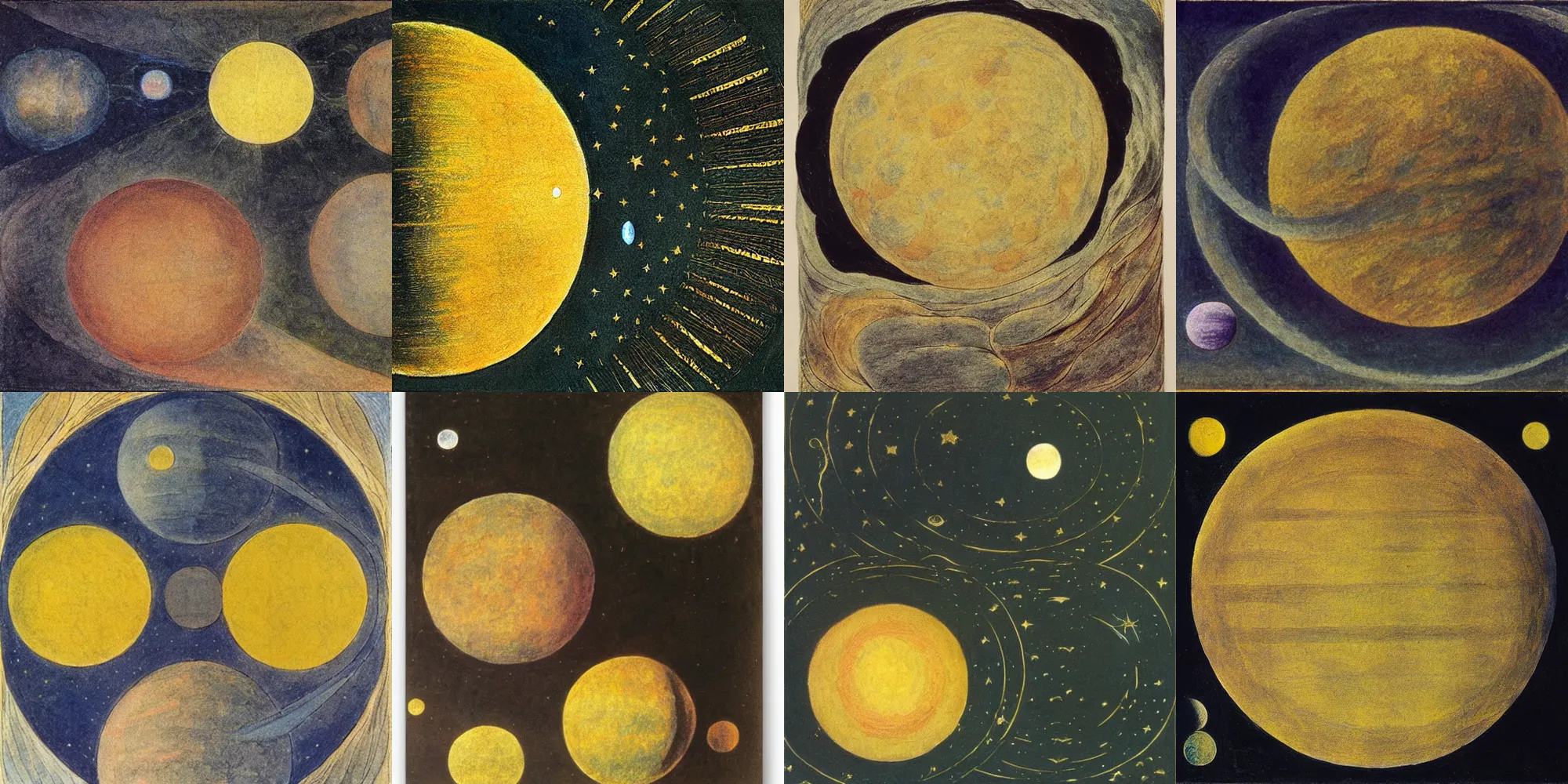 Prompt: Distant moons orbiting a golden world, by William Blake