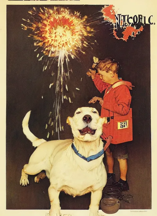 Image similar to a norman rockwell painting of an exploding dog