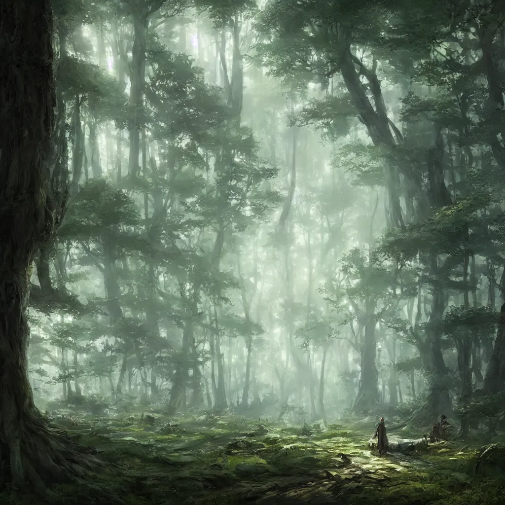 Image similar to A beuatiful forest by Greg Rutkowski, Sung Choi, Mitchell Mohrhauser, Maciej Kuciara, Johnson Ting, Maxim Verehin, Peter Konig, final fantasy , 8k photorealistic, cinematic lighting, HD, high details, atmospheric,