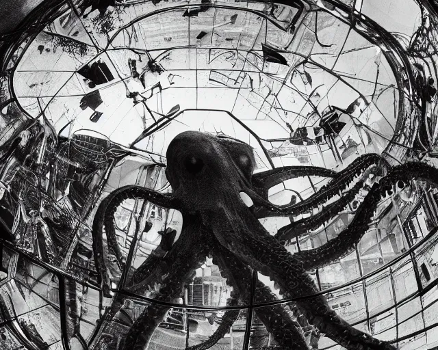 Image similar to camera footage of a extremely aggressive Giant mutated Octopus with glowing white eyes, Human Features, Teeth, in an abandoned shopping mall, Psychic Mind flayer, Terrifying, Silhouette :7 , high exposure, dark, monochrome, camera, grainy, CCTV, security camera footage, timestamp, zoomed in, Feral, fish-eye lens, Fast, Radiation Mutated, Nightmare Fuel, Ancient Evil, Bite, Motion Blur, horrifying, lunging at camera :4 bloody dead body, blood on floors, windows and walls :5