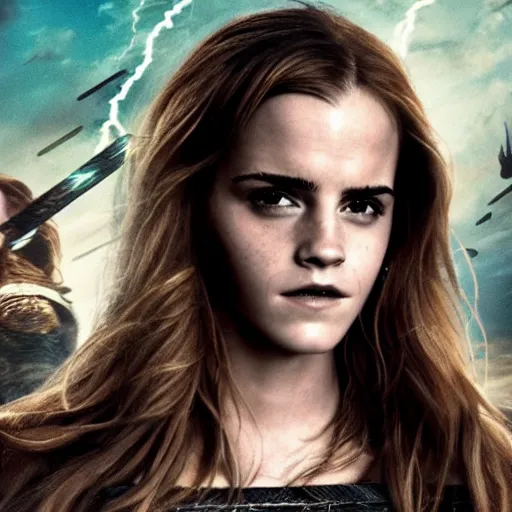 Image similar to photo of emma watson as zeus controlling thunderbolts