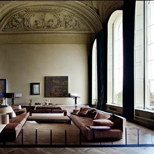 Image similar to giant Italian modern castle living room, clean minimalist design, that is 1300 feet tall, with very tall giant walls filled with modern art paintings, doors that are cosmic portals, photo by Annie Leibovitz