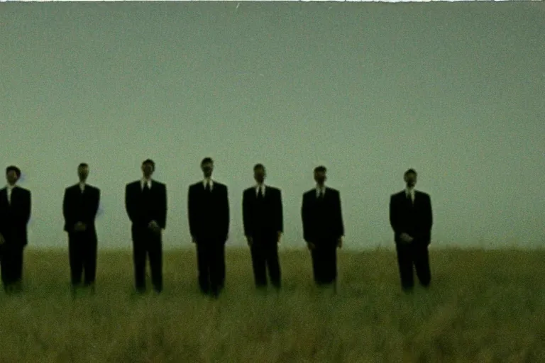 Image similar to 8 mm film still, blurry, grainy, liminal, unsettling, group of tall clone men in suits in a field at night, dark