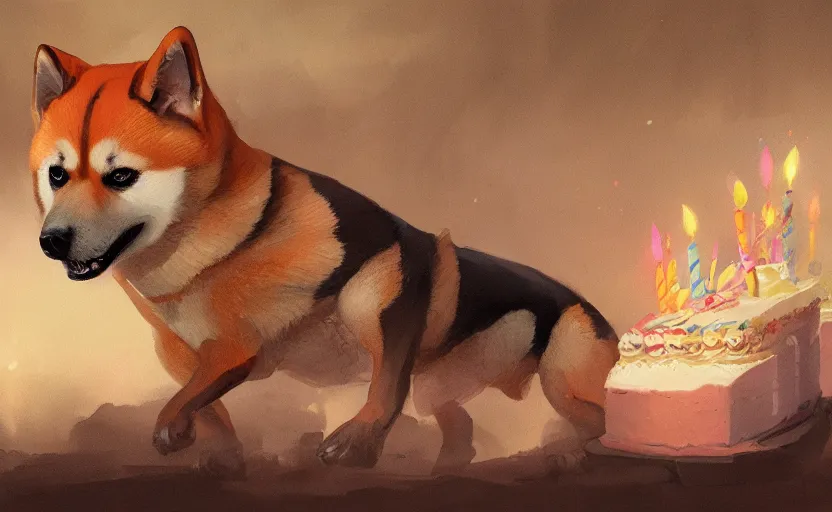 Image similar to a painting of a shiba and a birthday cake trending on artstation in the style of greg rutkowski