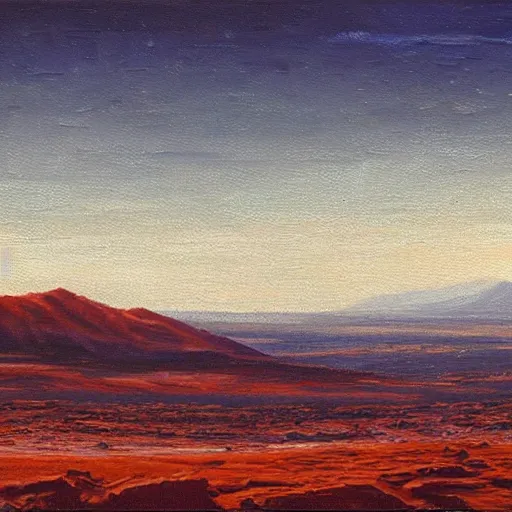 Image similar to oil painting, view from the surface of mars of mount olympus