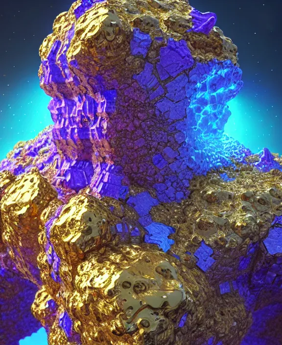 Image similar to giant fractal bismuth golem consists of bismuth geodes, fractalization, extremely high details, masterpiece, photorealistic, hyperrealism, vray, octane render, volumetric lighting, depth of field, bokeh, artstation, cgsociety by johannen voss, michael whelan, greg broadmore, frank frazetta