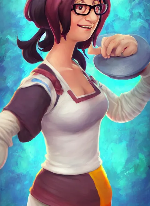 Image similar to tina belcher as a character from league of legends, hyper detailed, digital art, overhead view, trending in artstation, studio quality, smooth render, unreal engine 5 rendered, octane rendered, art style by klimt and nixeu and ian sprigger and wlop and krenz cushart