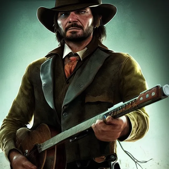 Prompt: john marston in a dimly lit bedroom, playing pc games with gaming headphones on, photograph, top lit